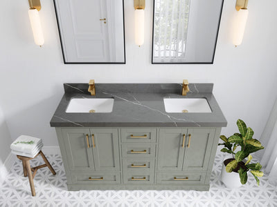 Boston 60 in. W x 22 in. D Double Sink Bathroom Vanity in Evergreen with 2 in Piatra Gray Quartz Countertop - Top View