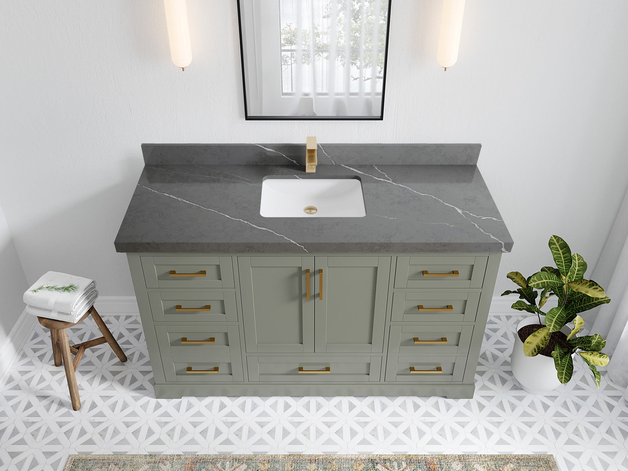 Boston 60 in. W x 22 in. D Single Sink Bathroom Vanity in Evergreen with 2 in Piatra Gray Quartz Countertop - Top View