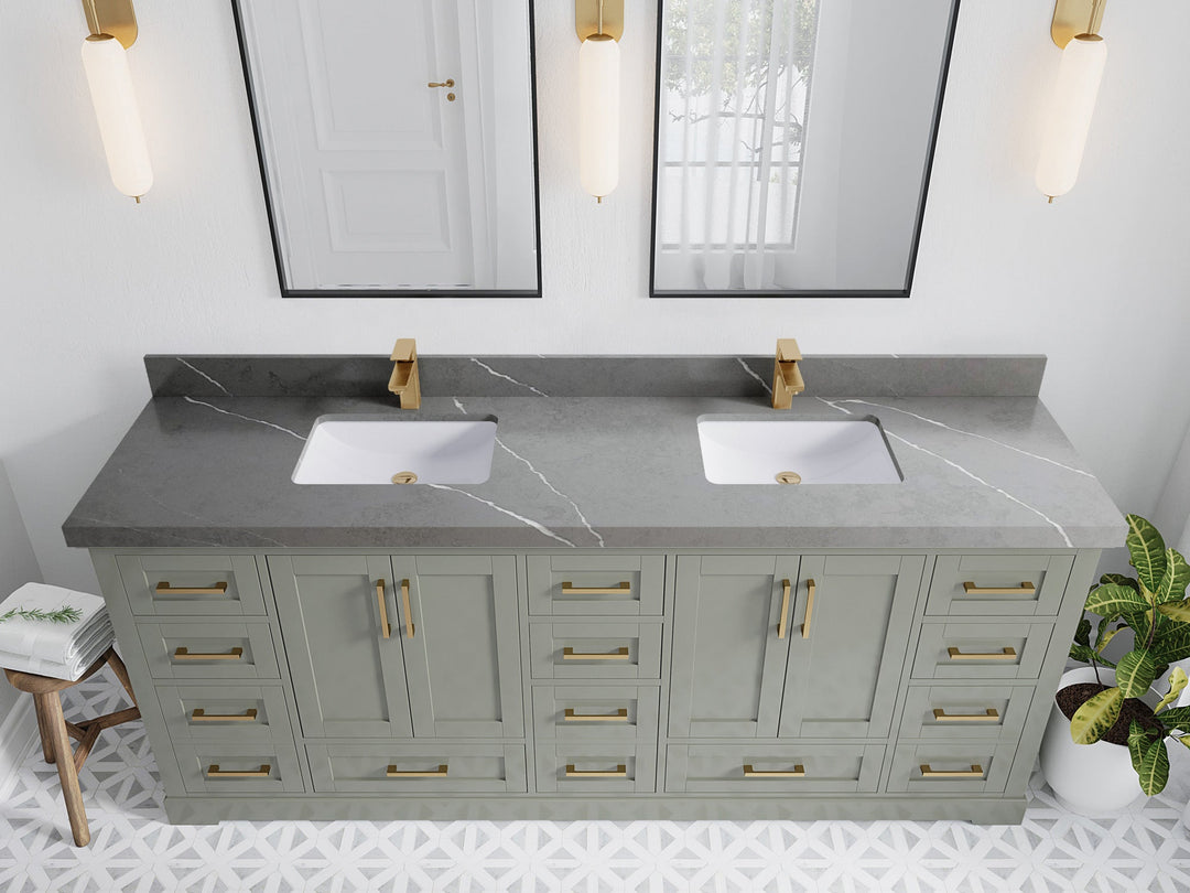 Boston 84 in. W x 22 in. D Double Sink Bathroom Vanity in Evergreen with 2 in Piatra Gray Quartz Countertop - Top View