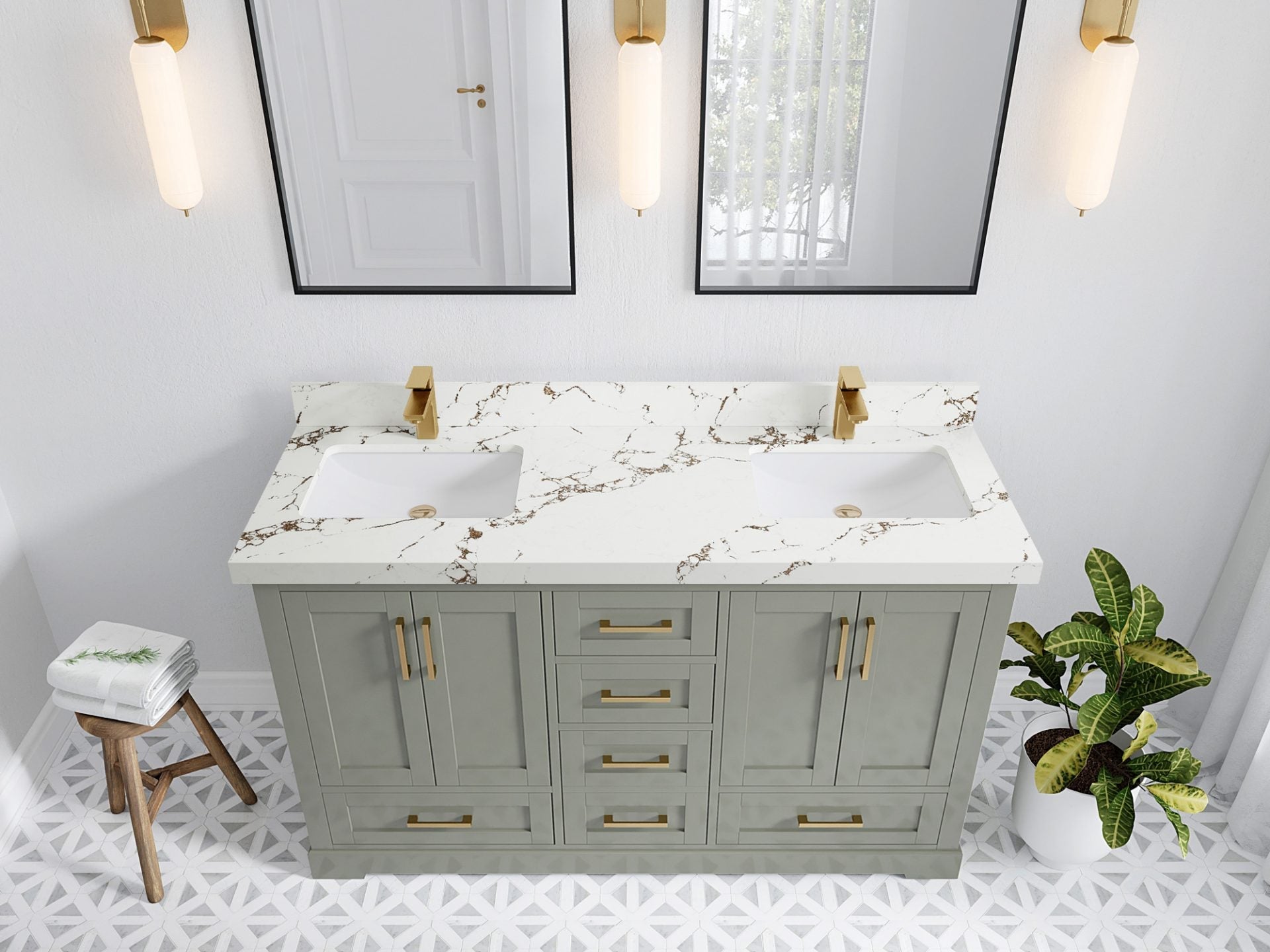 Boston 60 in. W x 22 in. D Double Sink Bathroom Vanity in Evergreen with 2 in Viola Brown Quartz Countertop - Top View