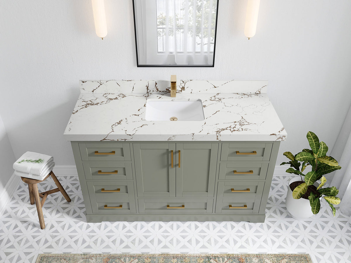 Boston 60 in. W x 22 in. D Single Sink Bathroom Vanity in Evergreen with 2 in Viola Brown Quartz Countertop - Top View