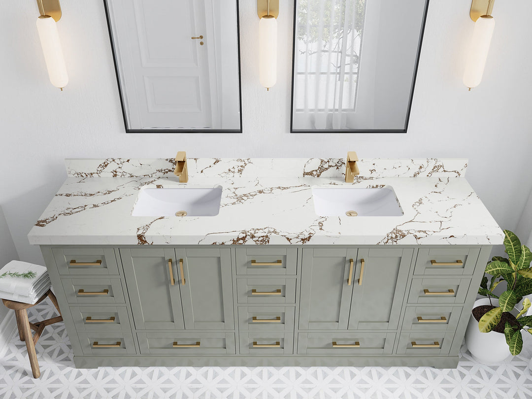 Boston 84 in. W x 22 in. D Double Sink Bathroom Vanity in Evergreen with 2 in Viola Brown Quartz Countertop - Top View