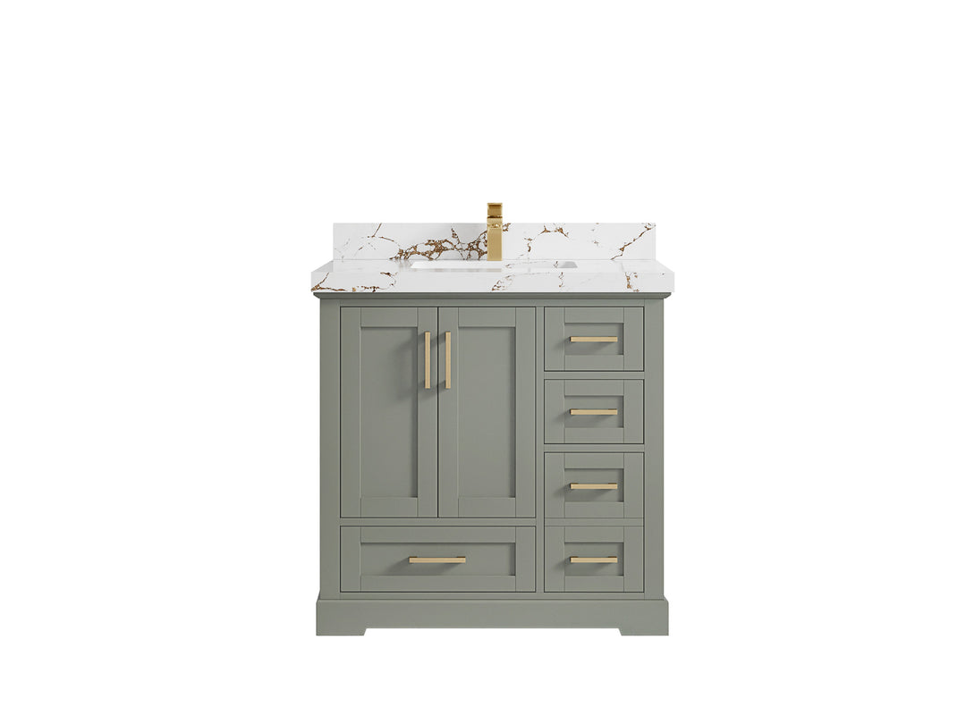Boston 36 in. W x 22 in. D Single Sink Bathroom Vanity in Evergreen with 2 in Viola Gold Quartz Countertop