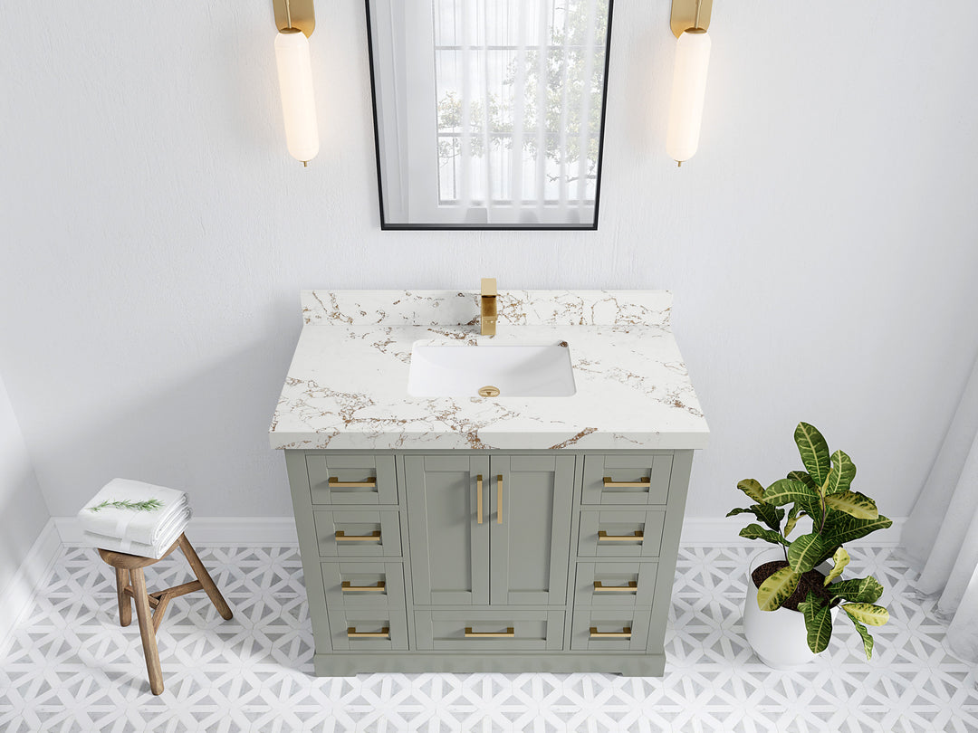 Boston 42 in. W x 22 in. D Single Sink Bathroom Vanity in Evergreen with 2 in Viola Gold Quartz Countertop - Top View