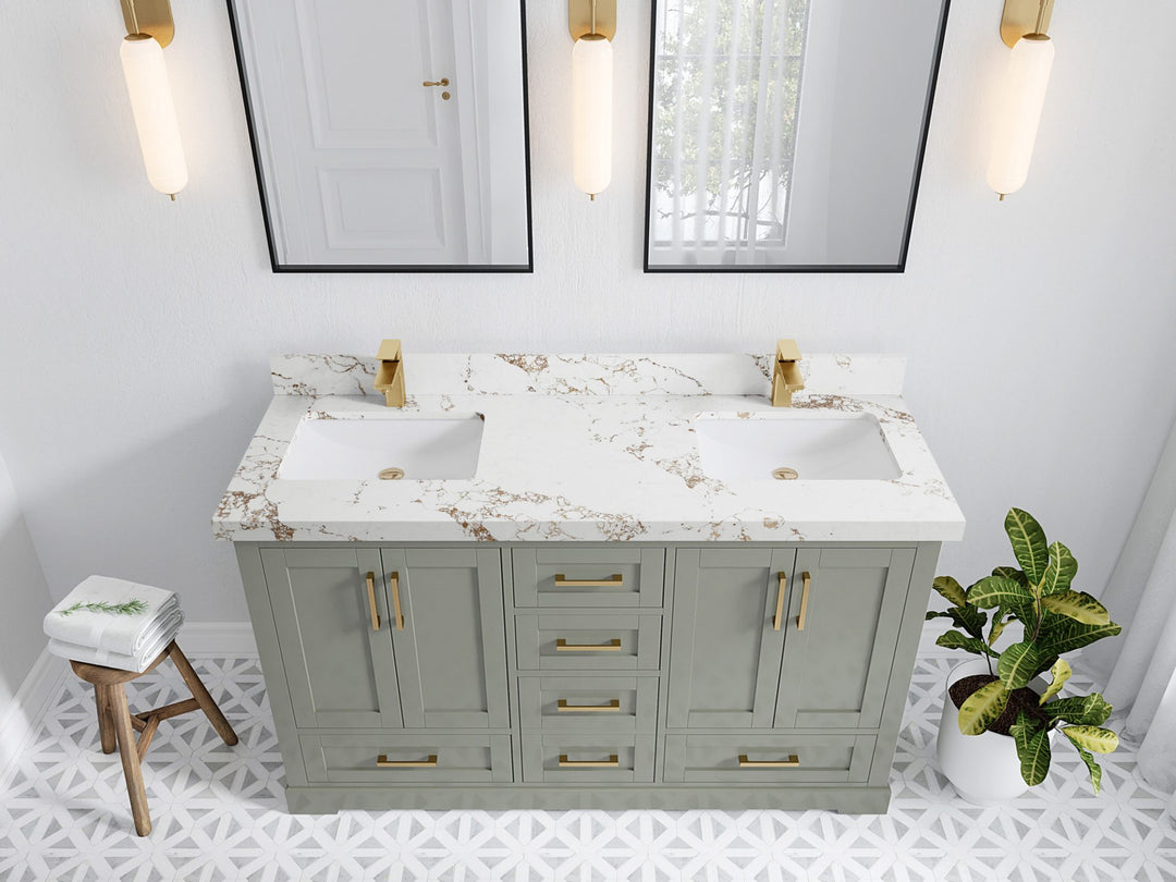 Boston 60 in. W x 22 in. D Double Sink Bathroom Vanity in Evergreen with 2 in Viola Night Quartz Countertop - Top View