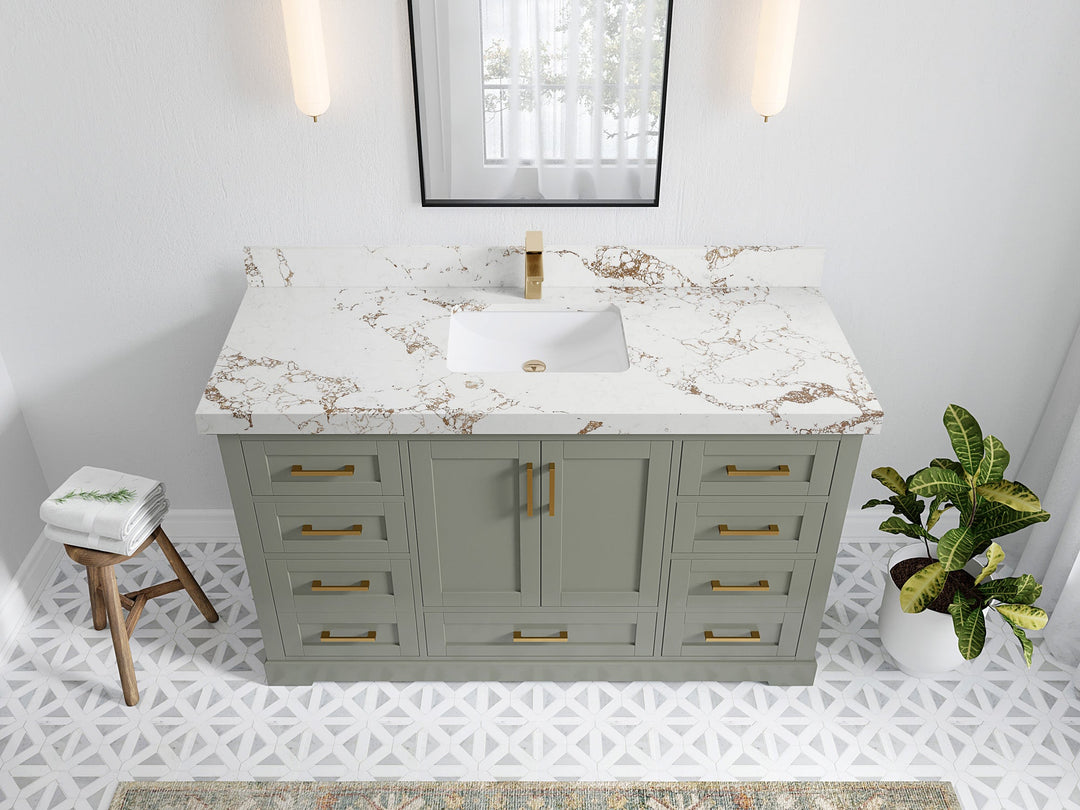 Boston 60 in. W x 22 in. D Single Sink Bathroom Vanity in Evergreen with 2 in Viola Gold Quartz Countertop - Top View