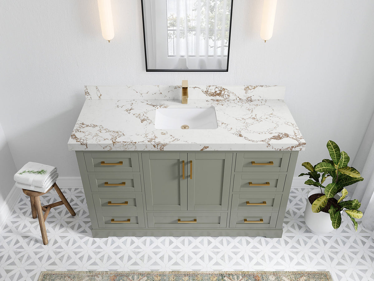 Boston 60 in. W x 22 in. D Single Sink Bathroom Vanity in Evergreen with 2 in Viola Gold Quartz Countertop - Top View