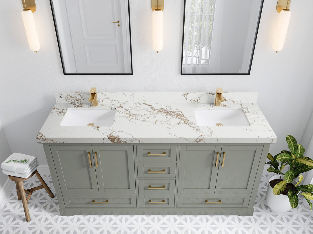 Boston 72 in. W x 22 in. D Double Sink Bathroom Vanity in Evergreen with 2 in Viola Gold Quartz Countertop - Top View