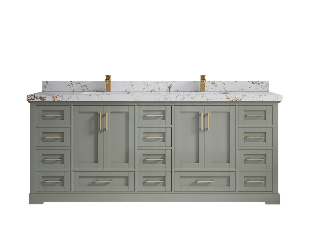 Boston 84 in. W x 22 in. D Double Sink Bathroom Vanity in Evergreen with 2 in Viola Gold Quartz Countertop