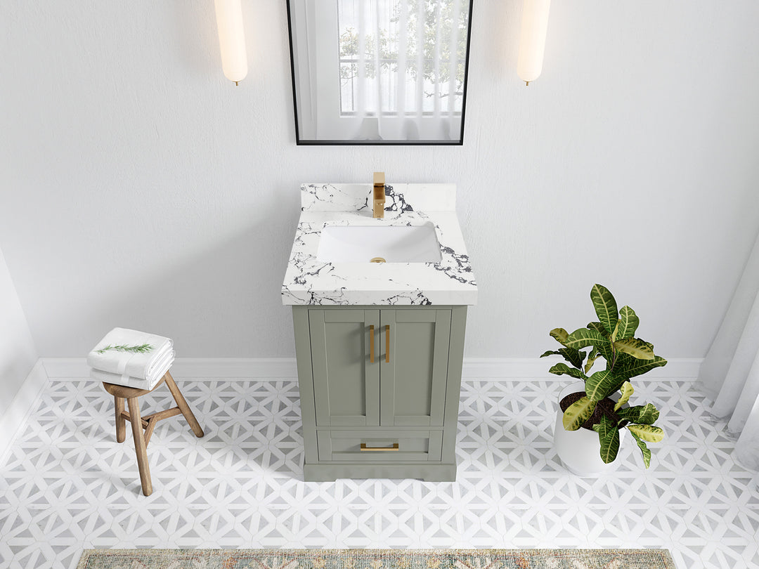Boston 24 in. W x 22 in. D Single Sink Bathroom Vanity in Evergreen with 2 in Viola Night Quartz Countertop - Top View