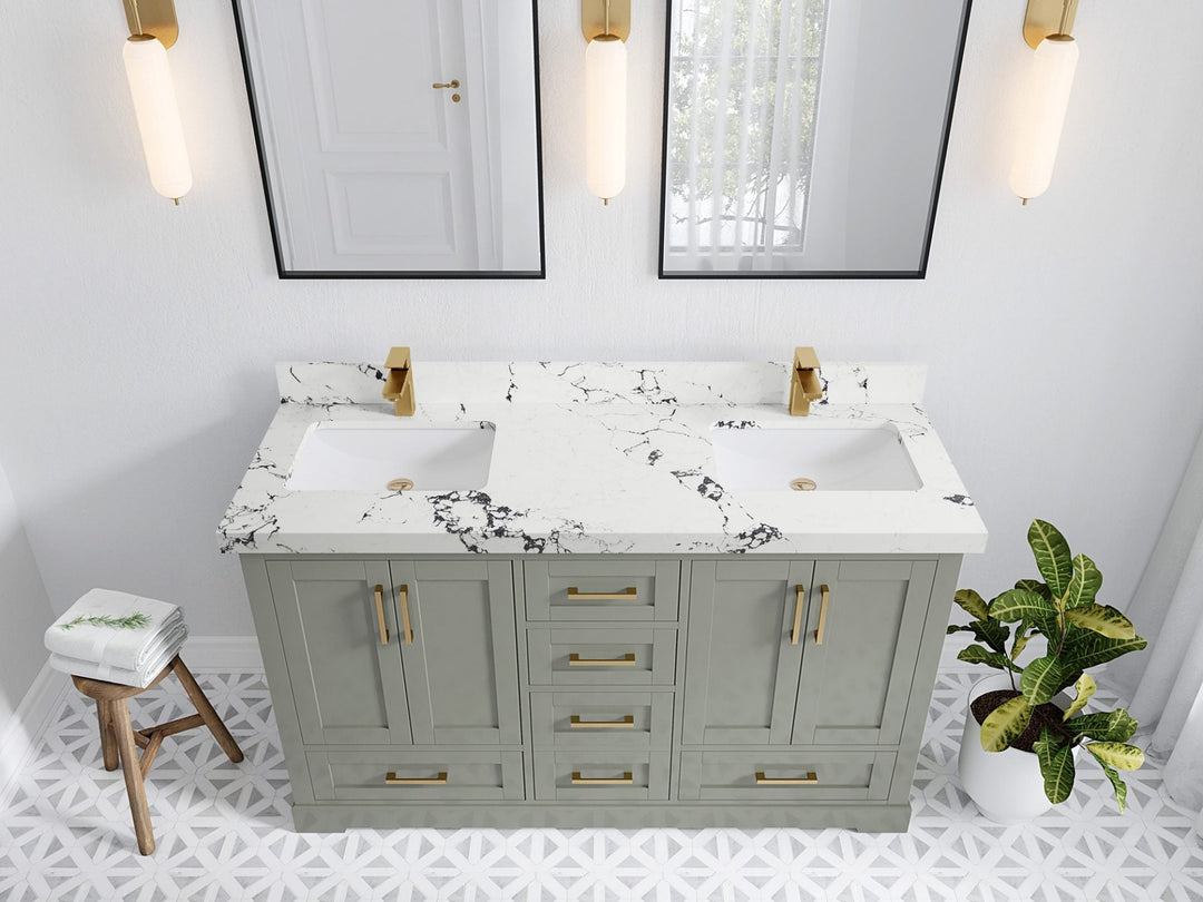 Boston 60 in. W x 22 in. D Double Sink Bathroom Vanity in Evergreen with 2 in Viola Gold Quartz Countertop - Top View