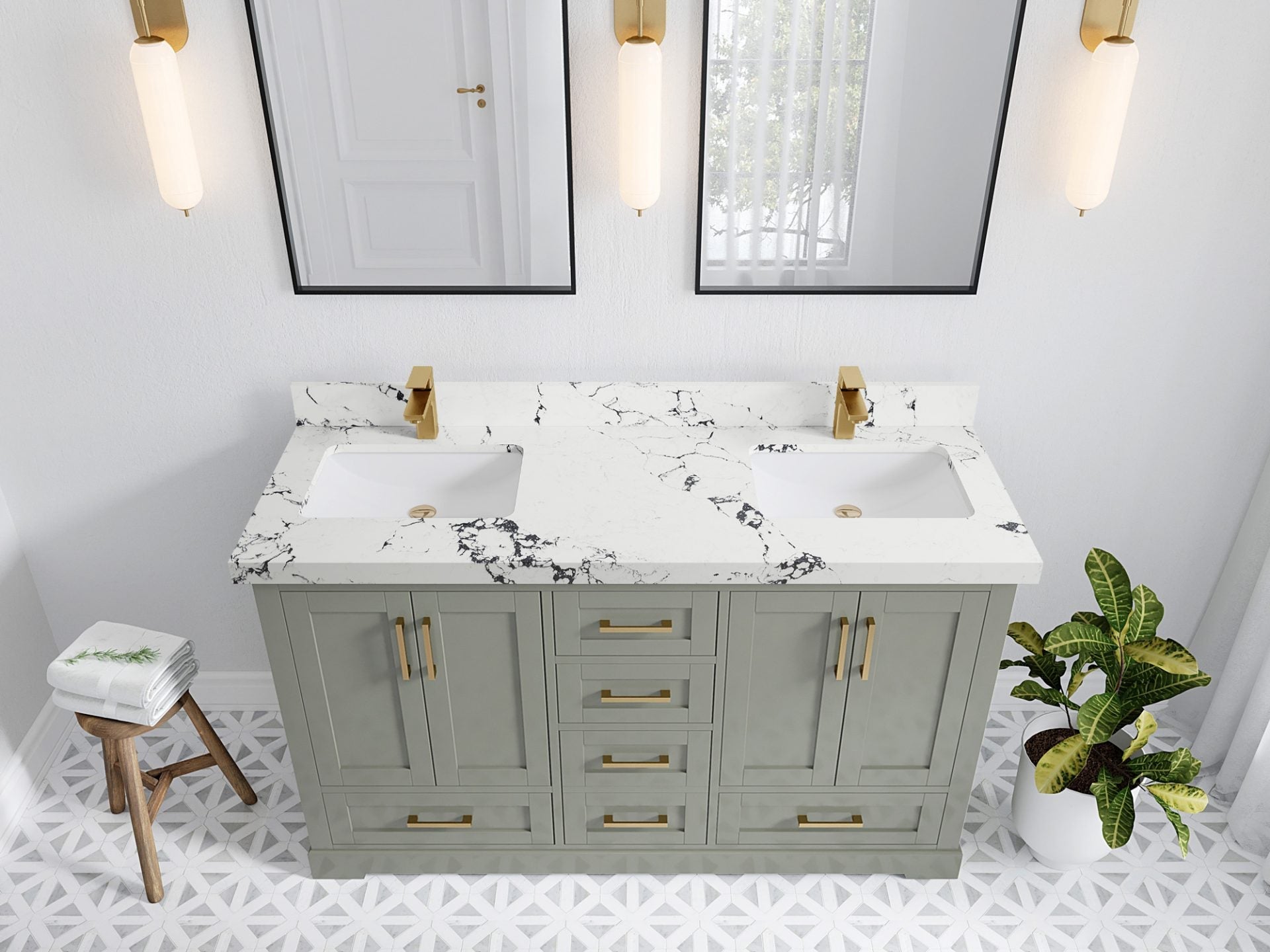 Boston 60 in. W x 22 in. D Double Sink Bathroom Vanity in Evergreen with 2 in Viola Gold Quartz Countertop - Top View