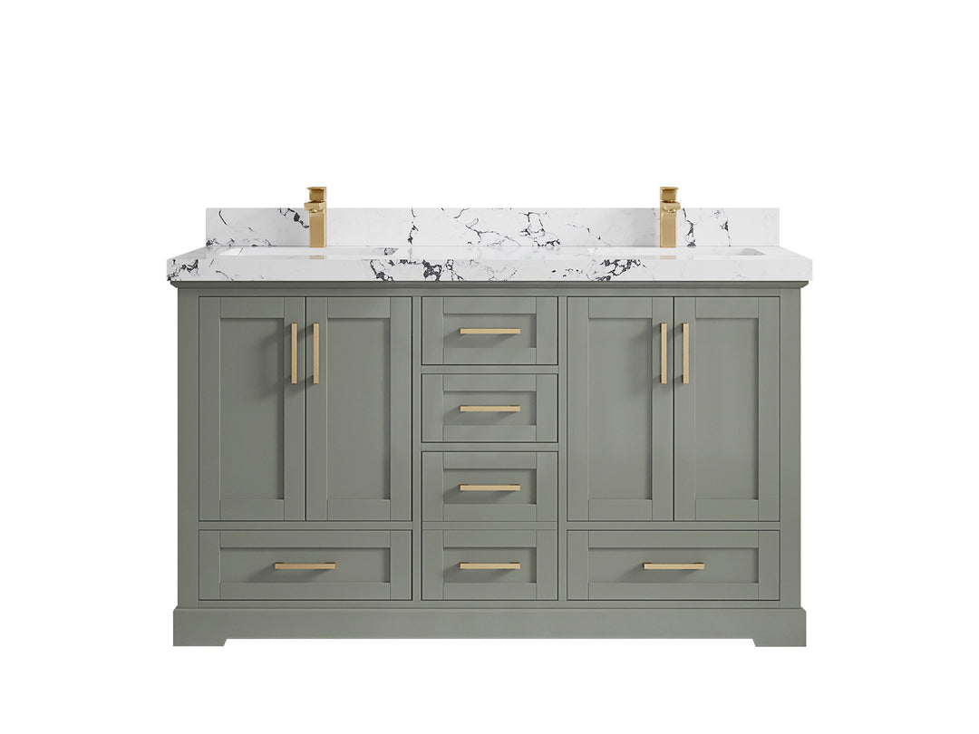 Boston 60 in. W x 22 in. D Double Sink Bathroom Vanity in Evergreen with 2 in Viola Gold Quartz Countertop