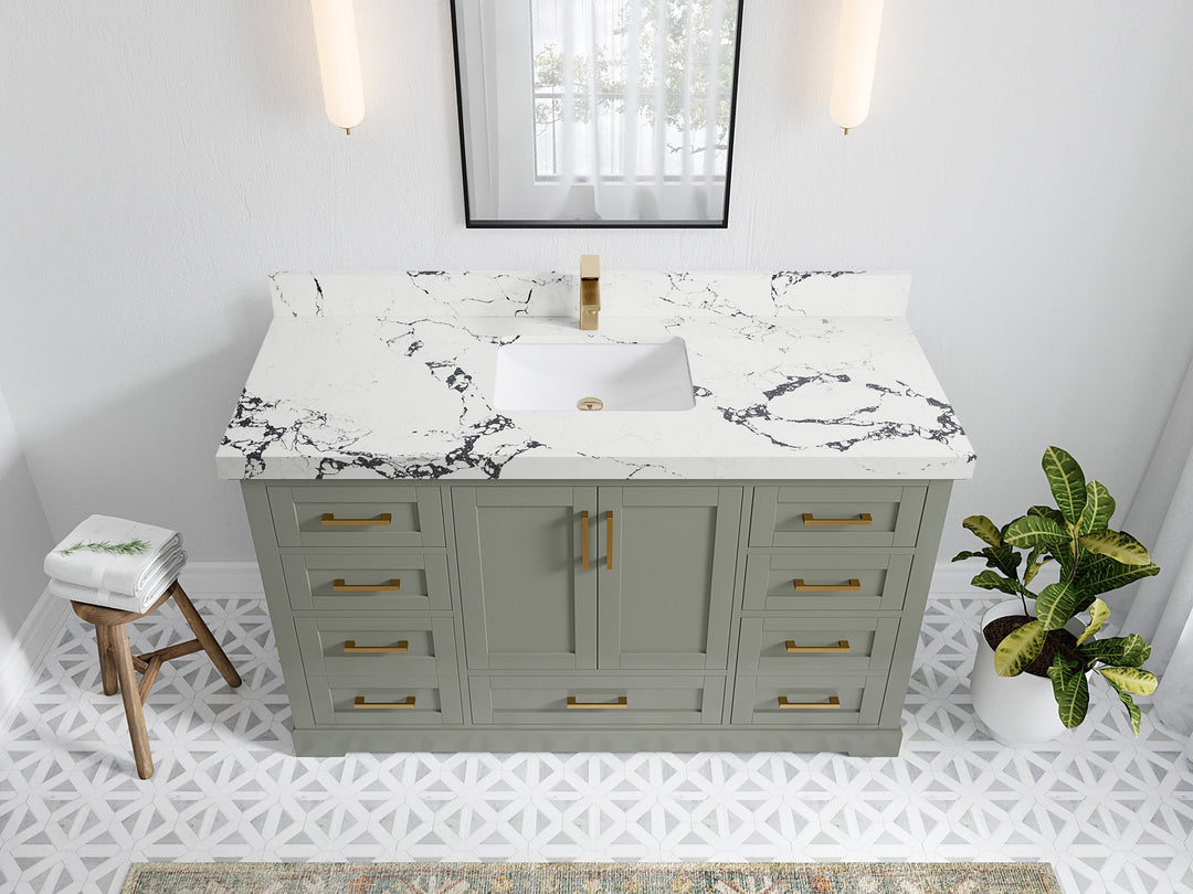Boston 60 in. W x 22 in. D Single Sink Bathroom Vanity in Evergreen with 2 in Viola Night Quartz Countertop - Top View