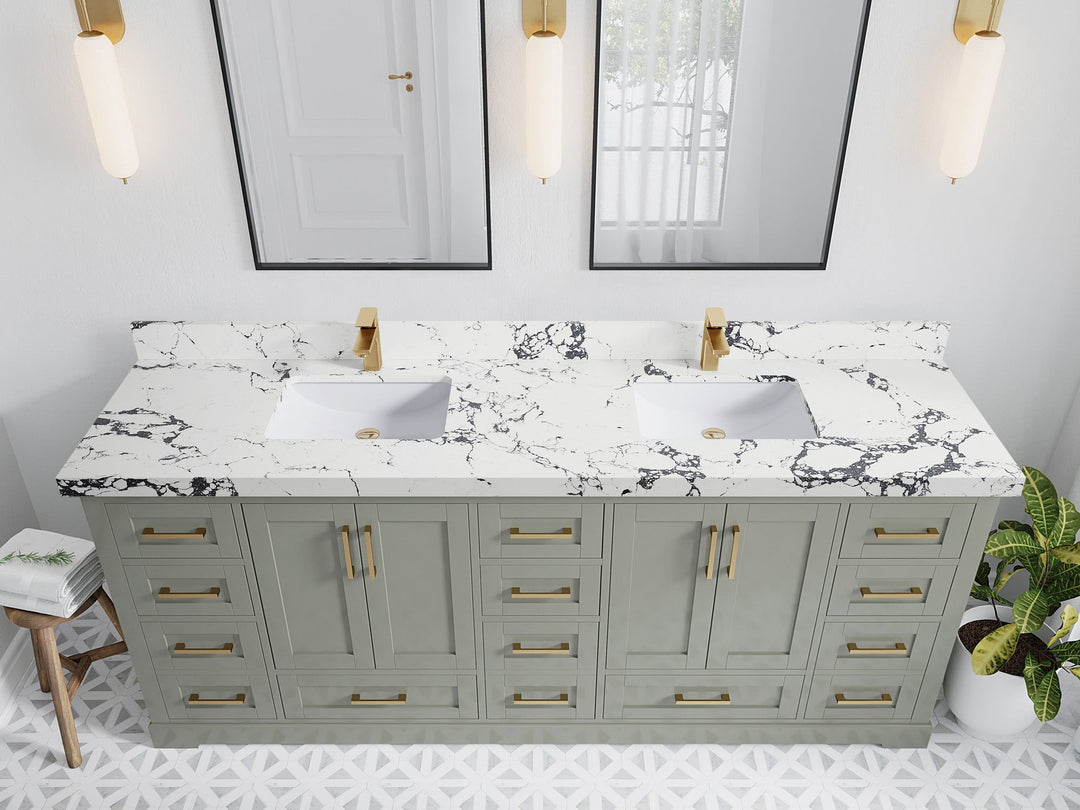 Boston 84 in. W x 22 in. D Double Sink Bathroom Vanity in Evergreen with 2 in Viola Night Quartz Countertop - Top View