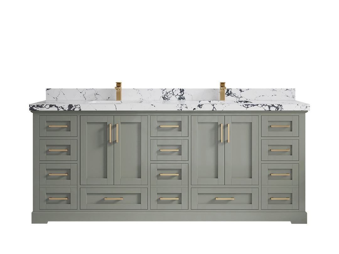 Boston 84 in. W x 22 in. D Double Sink Bathroom Vanity in Evergreen with 2 in Viola Night Quartz Countertop