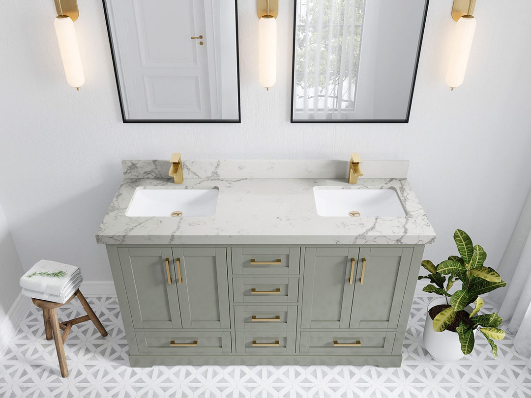 Boston 60 in. W x 22 in. D Double Sink Bathroom Vanity in Evergreen with 2 in Venatino Quartz Countertop - Top View