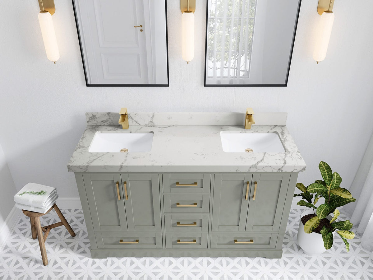 Boston 60 in. W x 22 in. D Double Sink Bathroom Vanity in Evergreen with 2 in Venatino Quartz Countertop - Top View