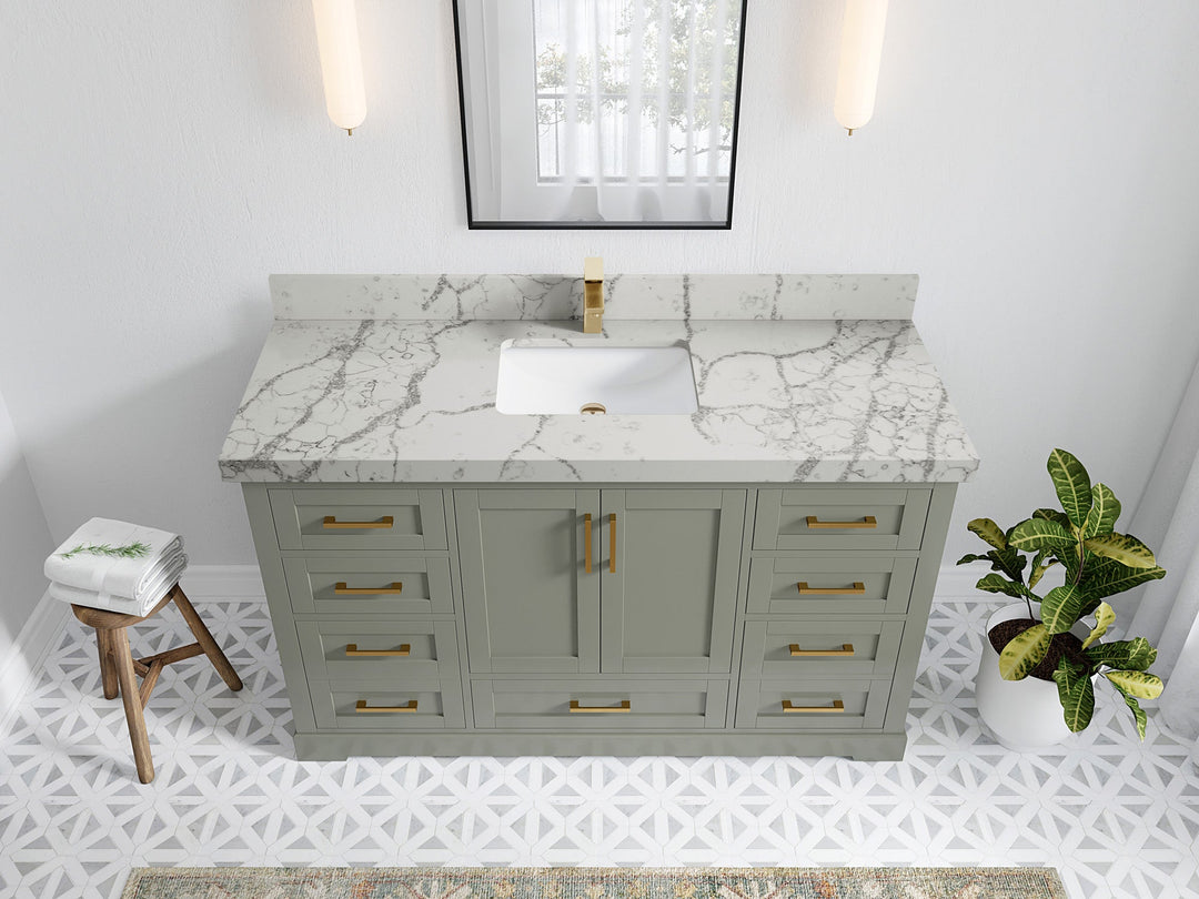 Boston 60 in. W x 22 in. D Single Sink Bathroom Vanity in Evergreen with 2 in Venatino Quartz Countertop - Top View