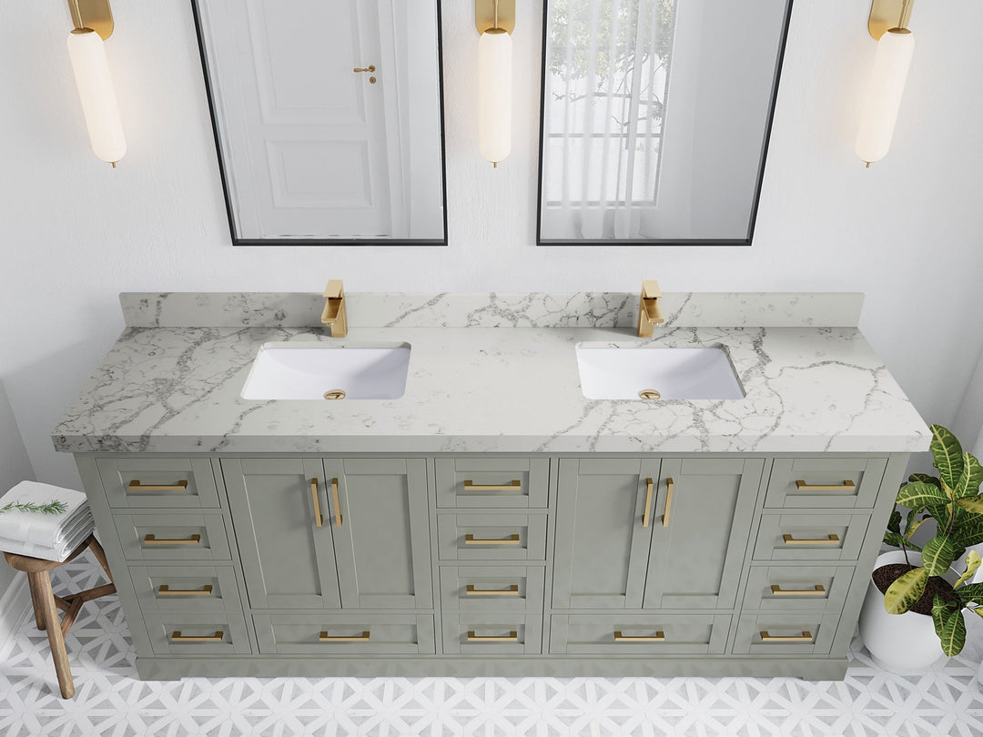 Boston 84 in. W x 22 in. D Double Sink Bathroom Vanity in Evergreen with 2 in Venatino Quartz Countertop - Top View