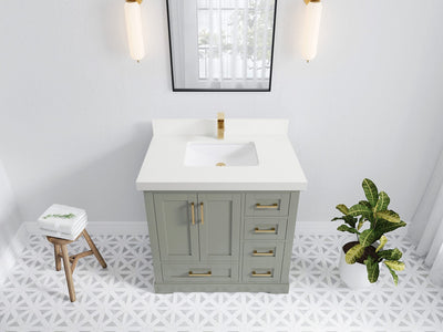 Boston 36 in. W x 22 in. D Single Sink Bathroom Vanity in Evergreen with 2 in White Quartz Countertop - Top View