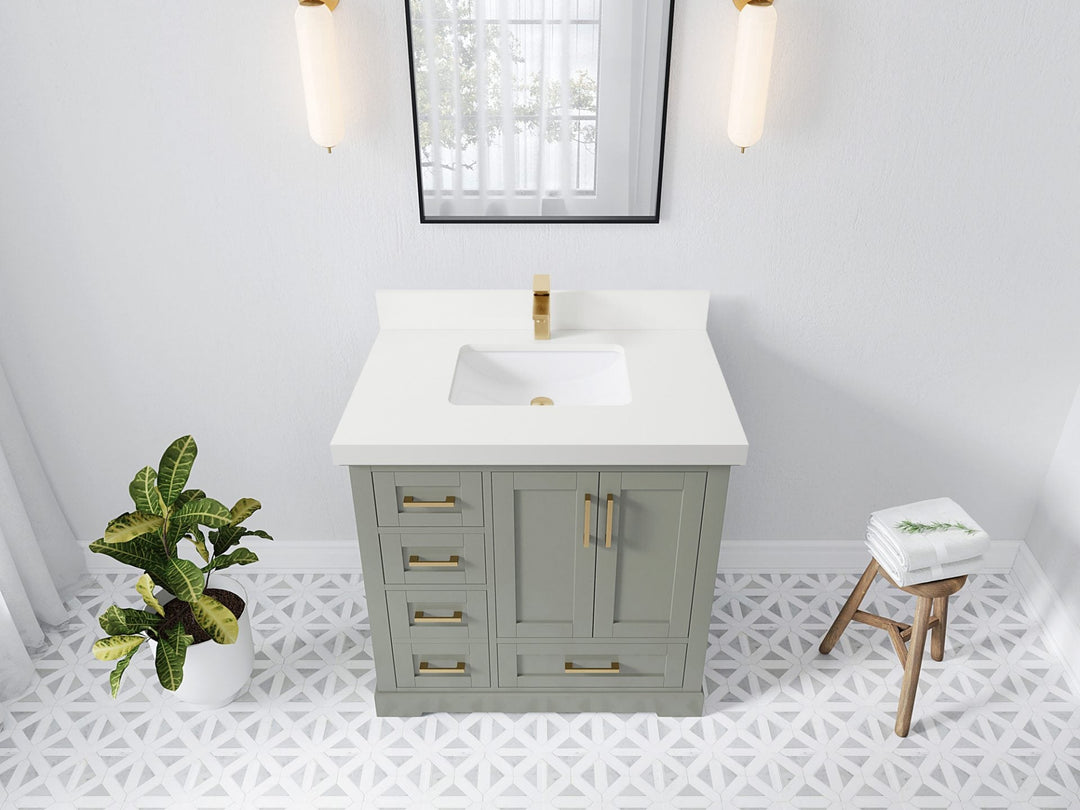 Boston 36 in. W x 22 in. D Single Sink Bathroom Vanity in Evergreen with 2 in White Quartz Countertop - Top View