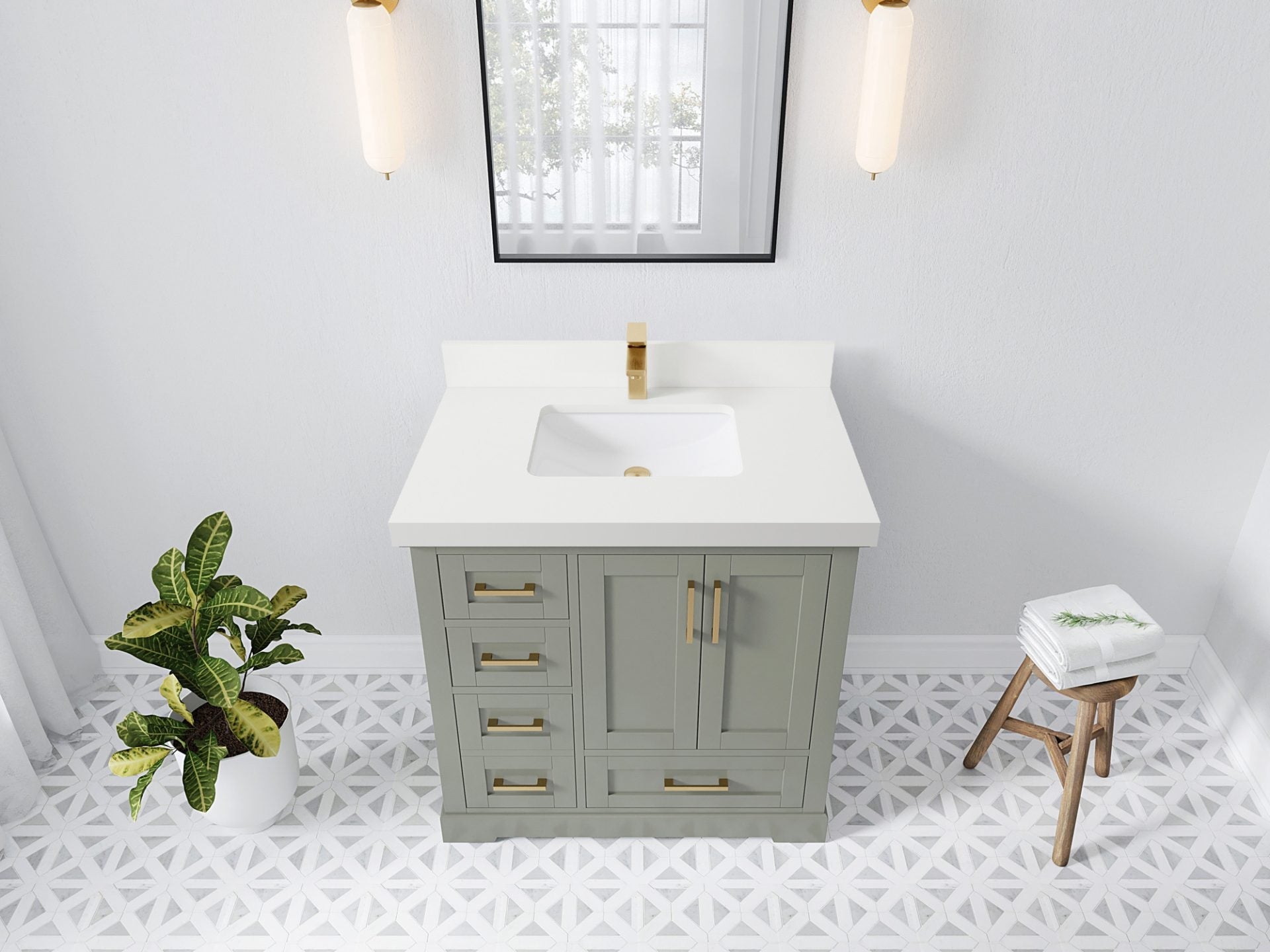 Boston 36 in. W x 22 in. D Single Sink Bathroom Vanity in Evergreen with 2 in White Quartz Countertop - Top View