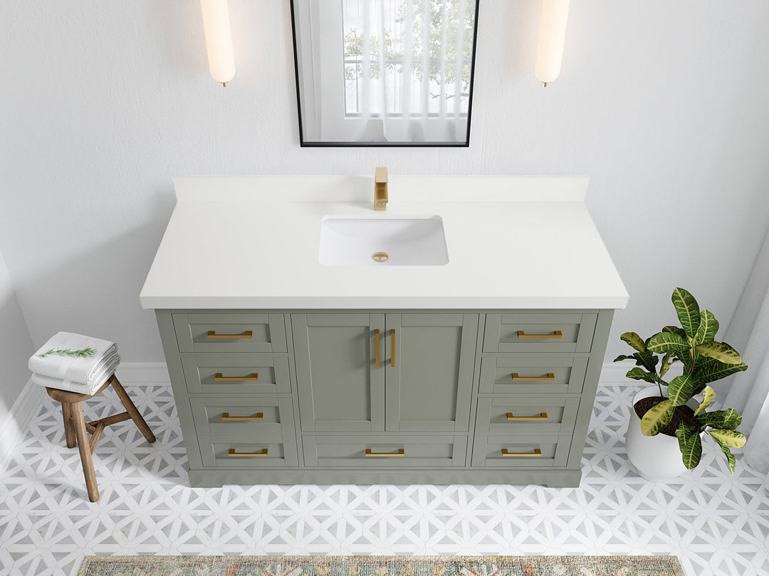 Boston 60 in. W x 22 in. D Single Sink Bathroom Vanity in Evergreen with 2 in White Quartz Countertop - Top View