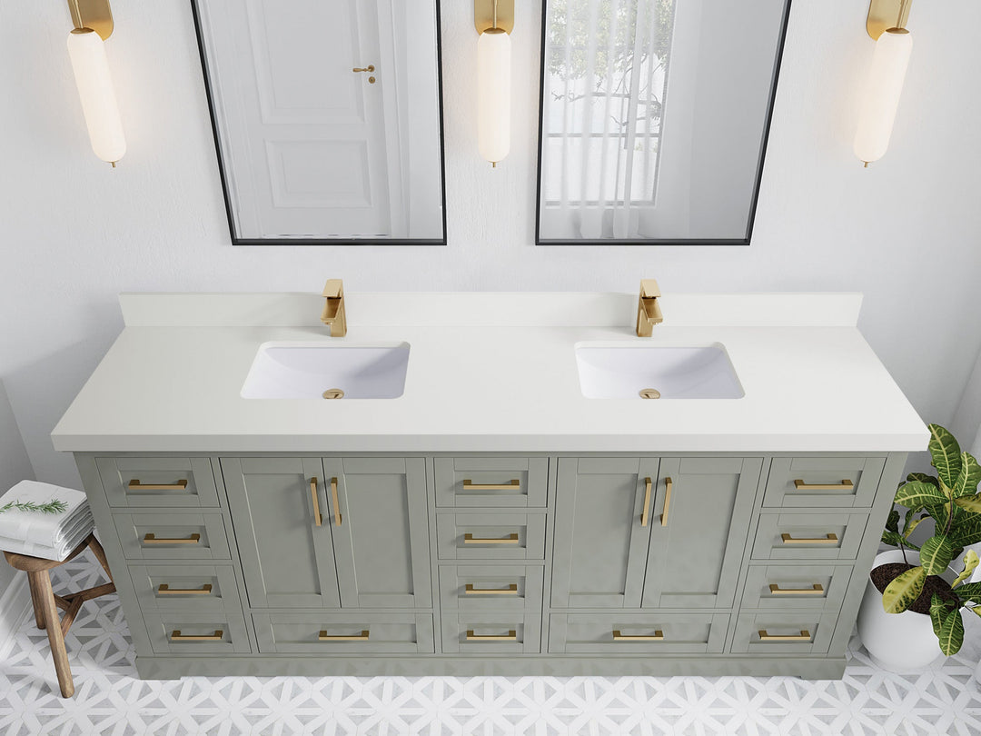 Boston 84 in. W x 22 in. D Double Sink Bathroom Vanity in Evergreen with 2 in White Quartz Countertop - Top View