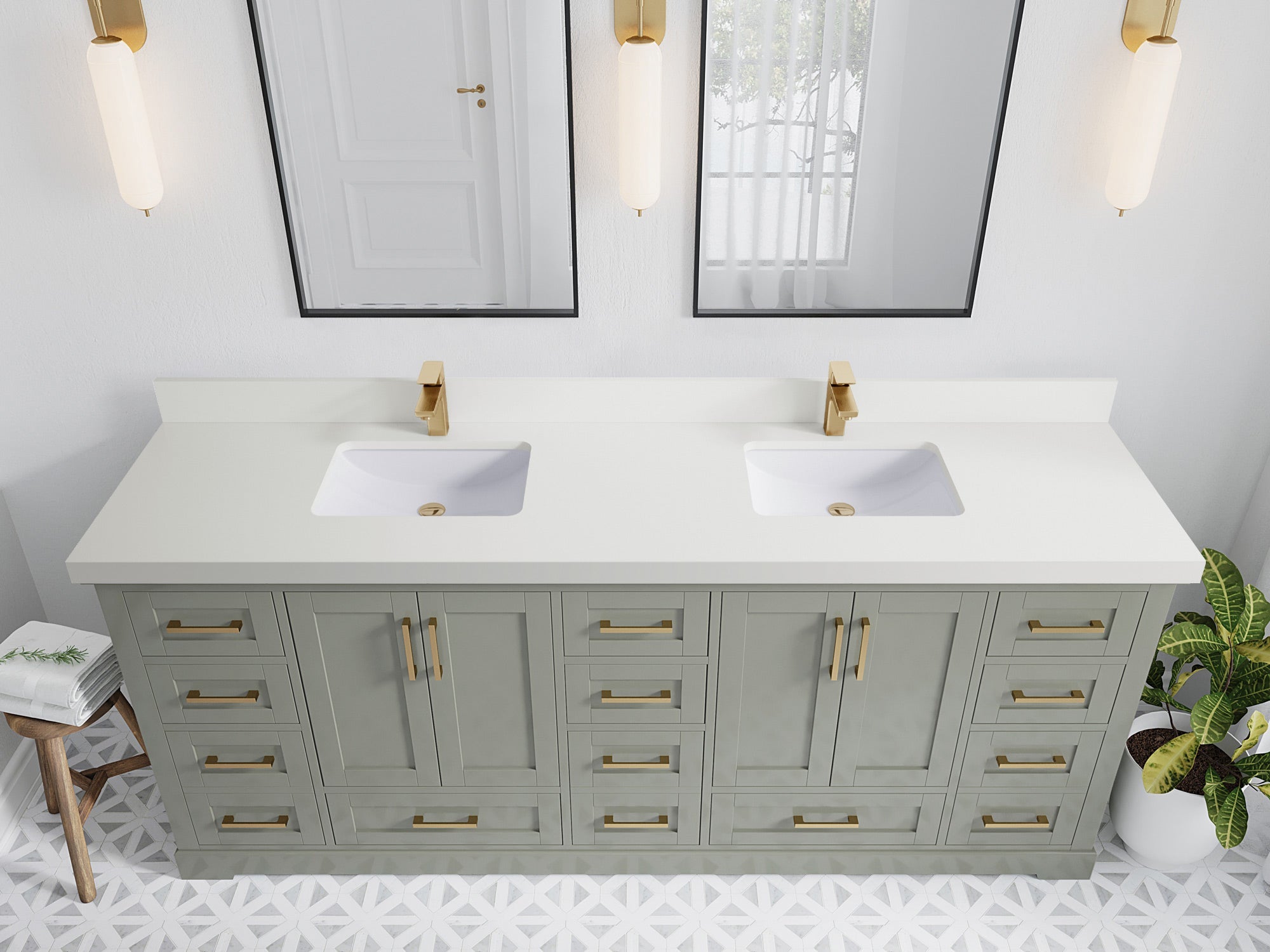 Boston 84 in. W x 22 in. D Double Sink Bathroom Vanity in Evergreen with 2 in White Quartz Countertop - Top View