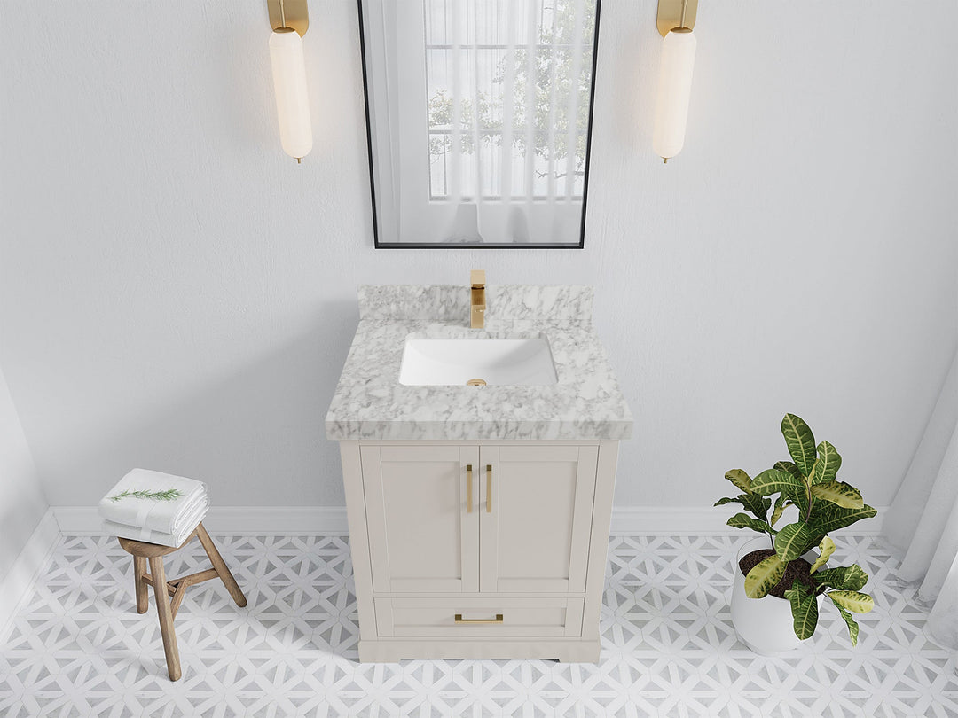 Boston 30 in. W x 22 in. D Single Sink Bathroom Vanity in Fine Grain with 2 in Carrara Marble Countertop - Top View