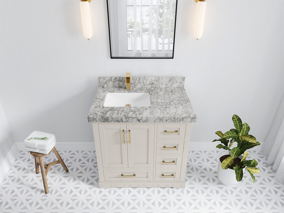 Boston 36 in. W x 22 in. D Single Sink Bathroom Vanity in Fine Grain with 2 in Carrara Marble Countertop - Top View