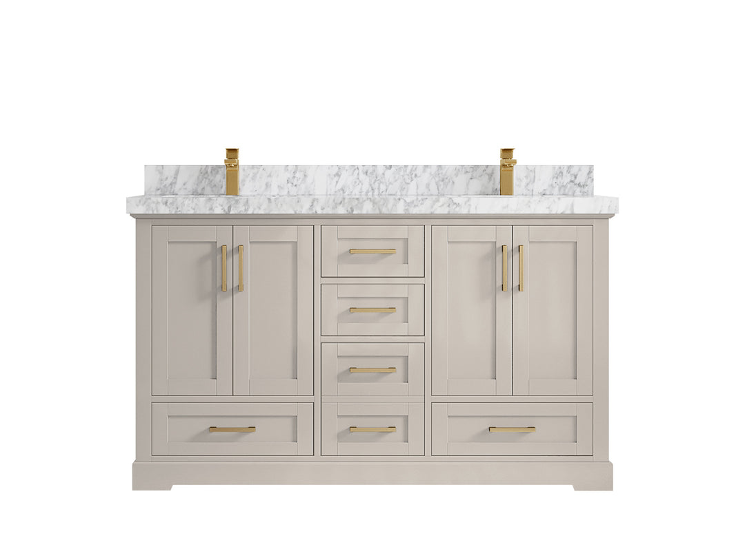 Boston 60 in. W x 22 in. D Double Sink Bathroom Vanity in Fine Grain with 2 in Carrara Marble Countertop
