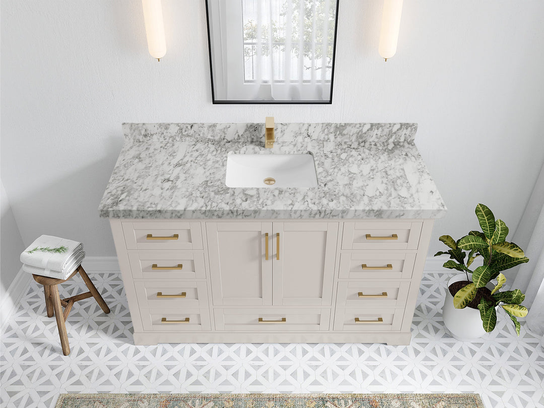 Boston 60 in. W x 22 in. D Single Sink Bathroom Vanity in Fine Grain with 2 in Carrara Marble Countertop - Top View