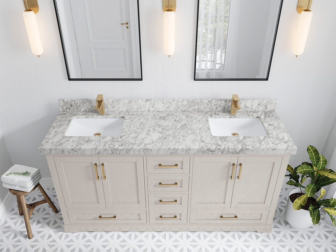 Boston 72 in. W x 22 in. D Double Sink Bathroom Vanity in Fine Grain with 2 in Carrara Marble Countertop - Top View