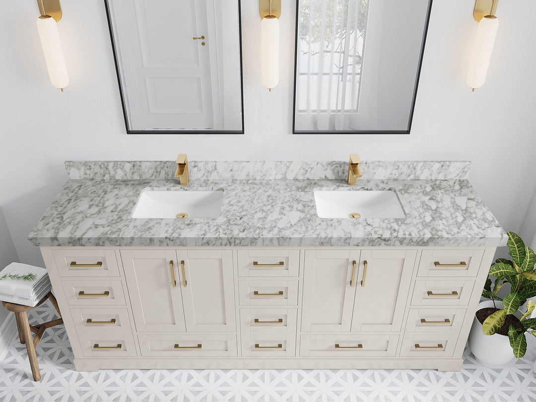 Boston 84 in. W x 22 in. D Double Sink Bathroom Vanity in Fine Grain with 2 in Carrara Marble Countertop - Top View
