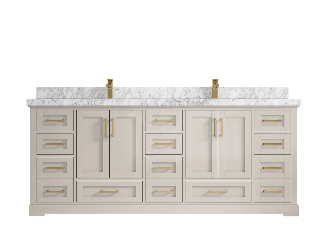 Boston 84 in. W x 22 in. D Double Sink Bathroom Vanity in Fine Grain with 2 in Carrara Marble Countertop