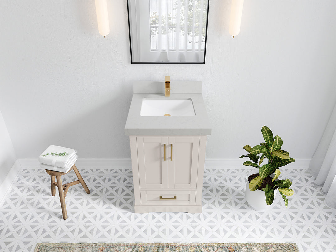 Boston 24 in. W x 22 in. D Single Sink Bathroom Vanity in Fine Grain with 2 in Carrara Quartz Countertop - Top View