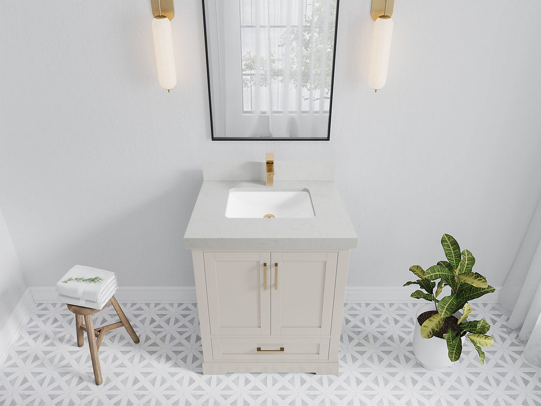 Boston 30 in. W x 22 in. D Single Sink Bathroom Vanity in Fine Grain with 2 in Carrara Quartz Countertop - Top View