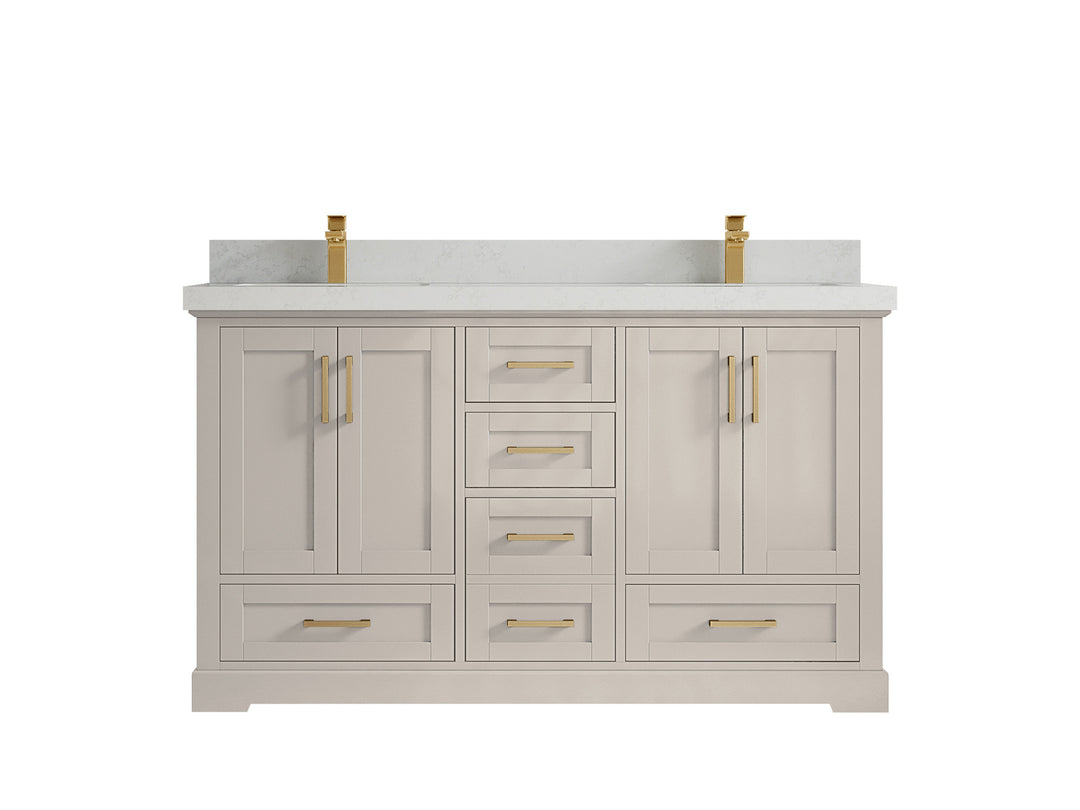 Boston 60 in. W x 22 in. D Double Sink Bathroom Vanity in Fine Grain with 2 in Carrara Quartz Countertop