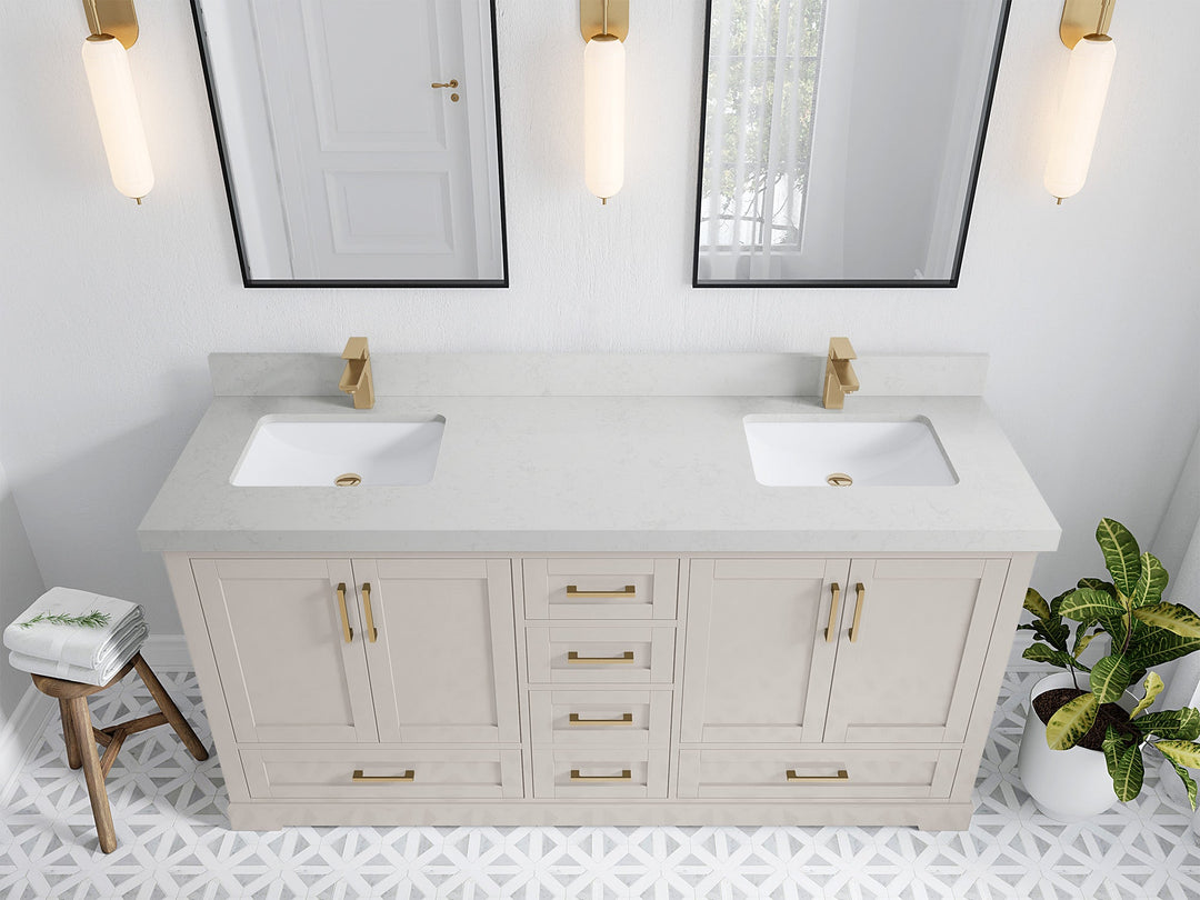 Boston 72 in. W x 22 in. D Double Sink Bathroom Vanity in Fine Grain with 2 in Carrara Quartz Countertop - Top View