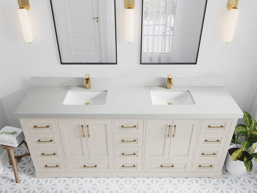 Boston 84 in. W x 22 in. D Double Sink Bathroom Vanity in Fine Grain with 2 in Carrara Quartz Countertop - Top View