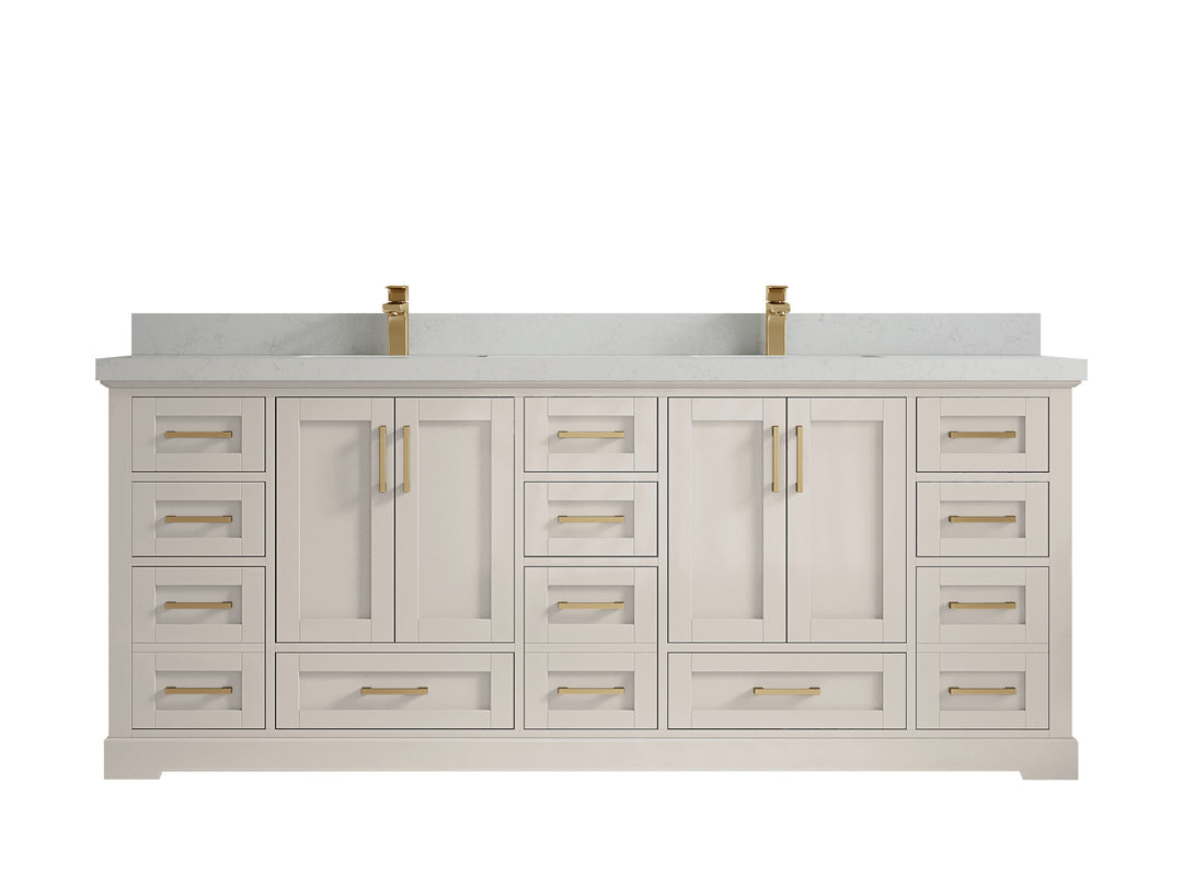 Boston 84 in. W x 22 in. D Double Sink Bathroom Vanity in Fine Grain with 2 in Carrara Quartz Countertop