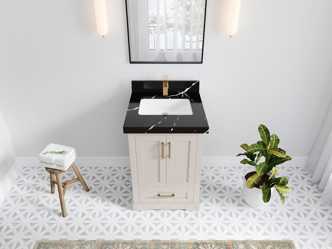 Boston 24 in. W x 22 in. D Single Sink Bathroom Vanity in Fine Grain with 2 in Calacatta Black Quartz Countertop - Top View
