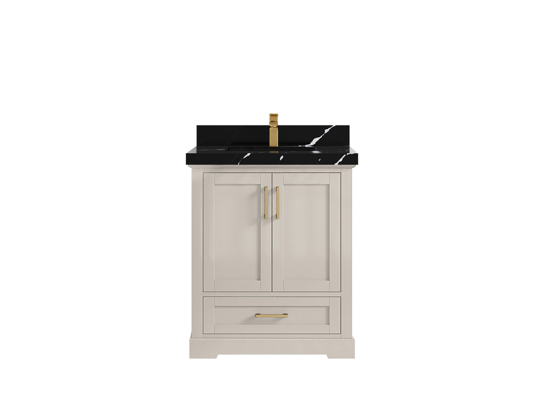 Boston 30 in. W x 22 in. D Single Sink Bathroom Vanity in Fine Grain with 2 in Calacatta Black Countertop