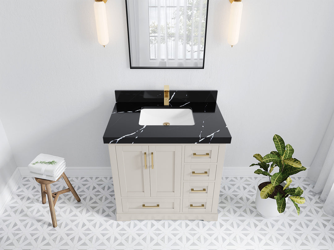 Boston 36 in. W x 22 in. D Single Sink Bathroom Vanity in Fine Grain with 2 in Calacatta Black Quartz Countertop - Top View