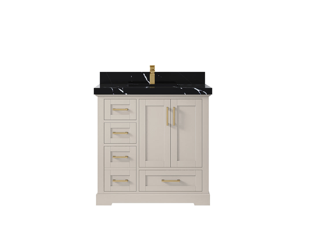 Boston 36 in. W x 22 in. D Single Sink Bathroom Vanity in Fine Grain with 2 in Calacatta Black Countertop
