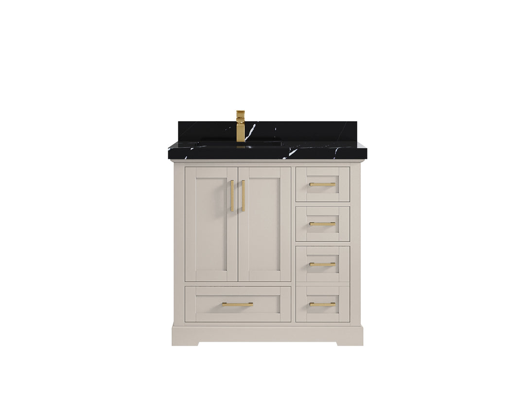 Boston 36 in. W x 22 in. D Single Sink Bathroom Vanity in Fine Grain with 2 in Calacatta Black Countertop