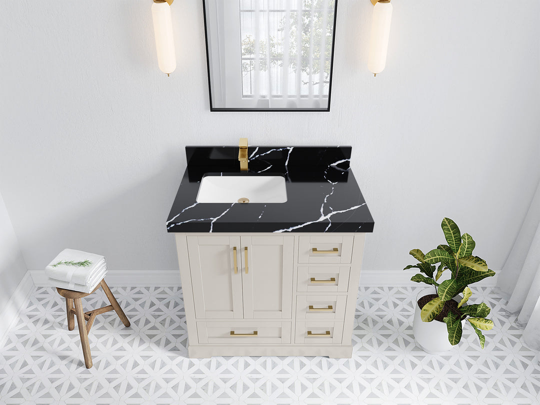 Boston 36 in. W x 22 in. D Single Sink Bathroom Vanity in Fine Grain with 2 in Calacatta Black Quartz Countertop - Top View