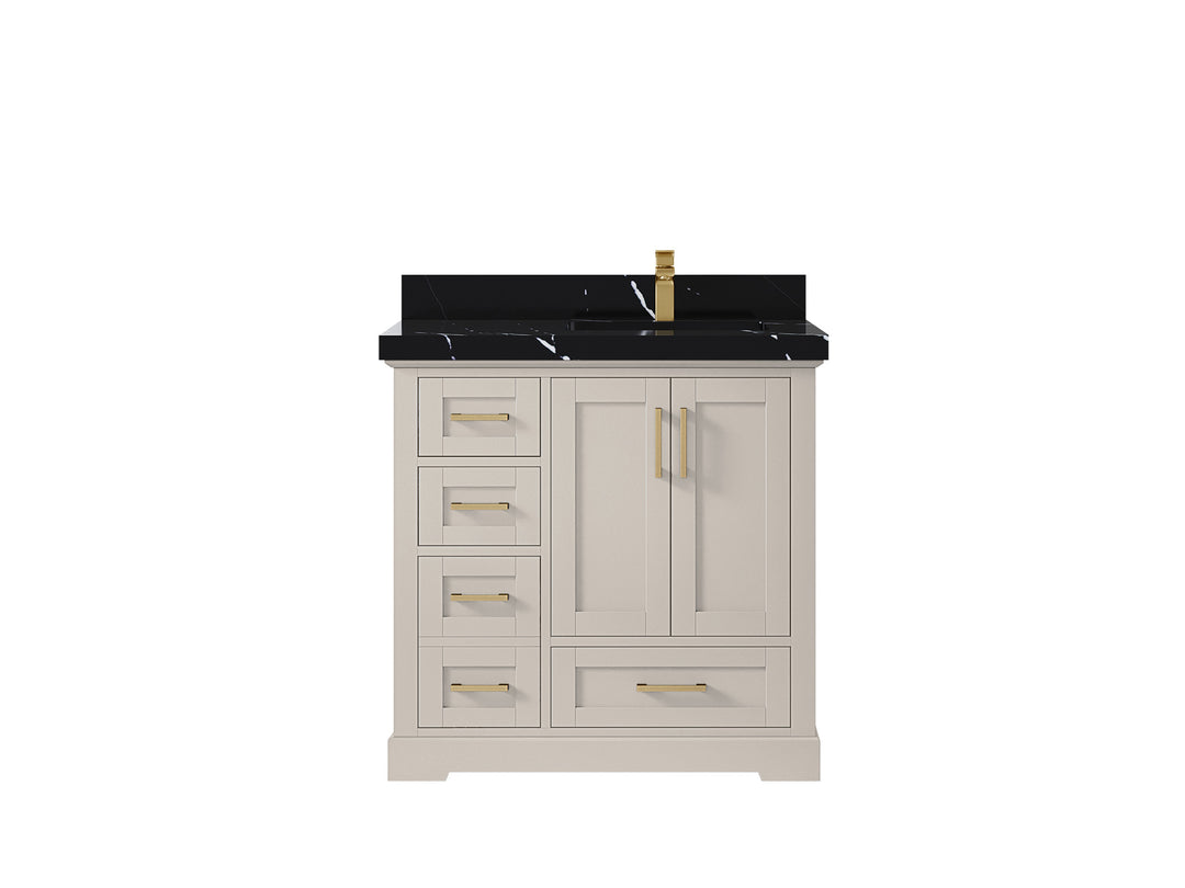 Boston 36 in. W x 22 in. D Single Sink Bathroom Vanity in Fine Grain with 2 in Calacatta Black Countertop